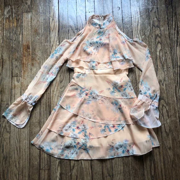 Long-Sleeve Cold Shoulder Yellow Floral Dress - Picture 3 of 4